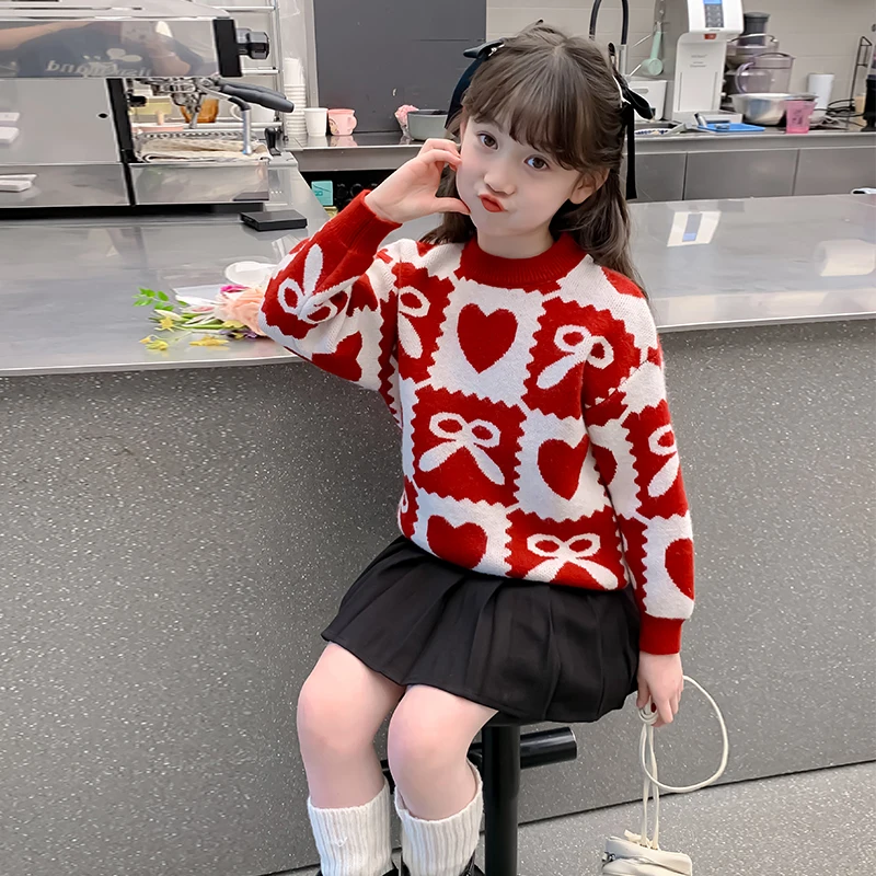 

Girls Knitted Sweater f High Collar Heart Pattern Autumn Winter Sle Sweet Sle round Ne Regular Length Girls Top