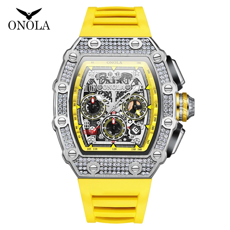 

Fashion Diamond Watches Men Brand ONOLA Casual Yellow Rubber Strap Waterproof Tonneau Quartz Wristwatch Male Gift Dropshipping