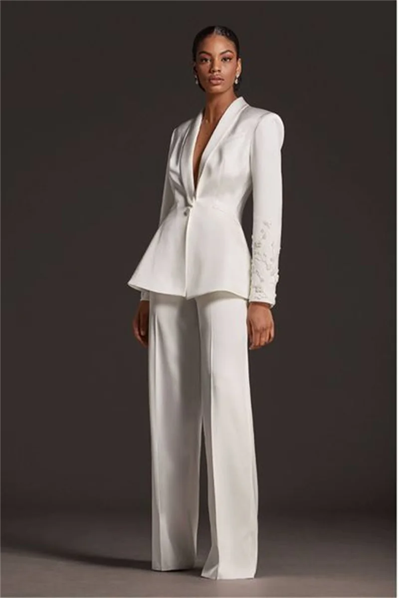 White Women Suit 2 Pieces Appliqued Blazer+Straight Pants Formal Wedding Tuxedos V Neck One Button Custom Made Party Prom Dress