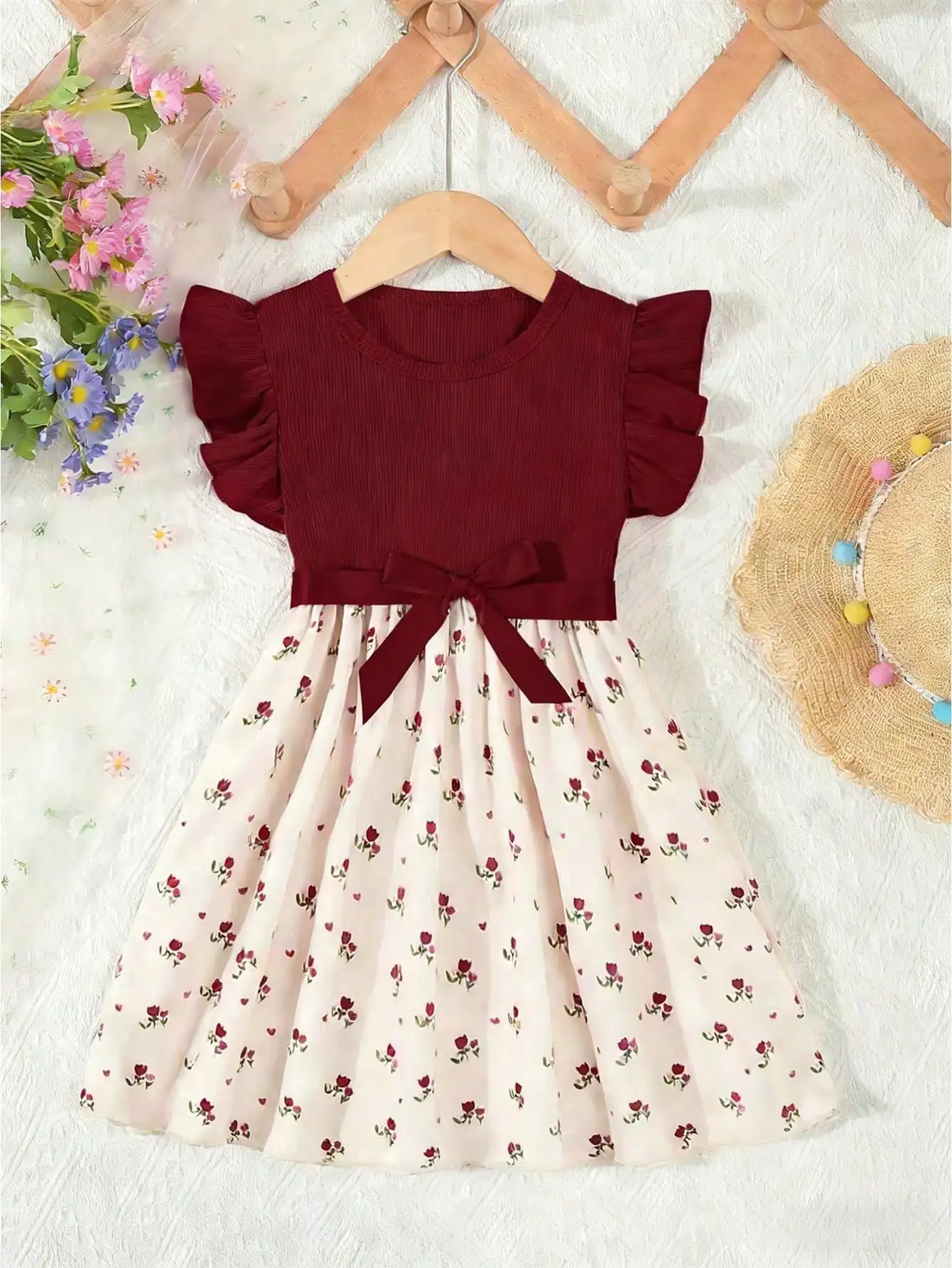 Summer Style Girls' Sleeveless Round Neck Flying Sleeve Pink Printed Dress, Cute Outfit, With Belt