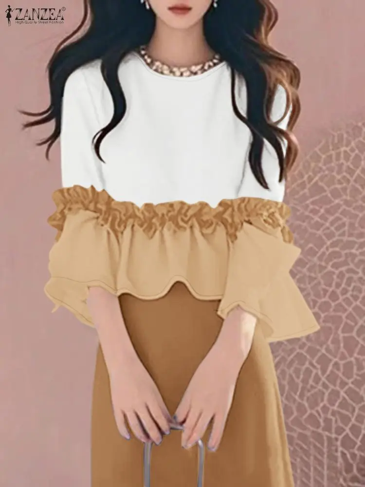 Elegant Ruffled Office Blouse ZANZEA Summer Women Tops Stylish 3/4 Flare Sleeve Work Shirt Patchwork Cropped Femme Tops Tunic