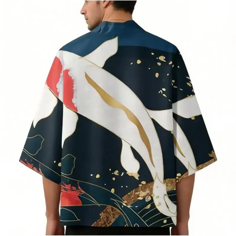 Harajuku Ukiyo-e Koi Fish Kimono Haori Unisex 3D Print Loose Cardigan Summer Yukata Top Beach Cover Up Casual Streetwear Coat