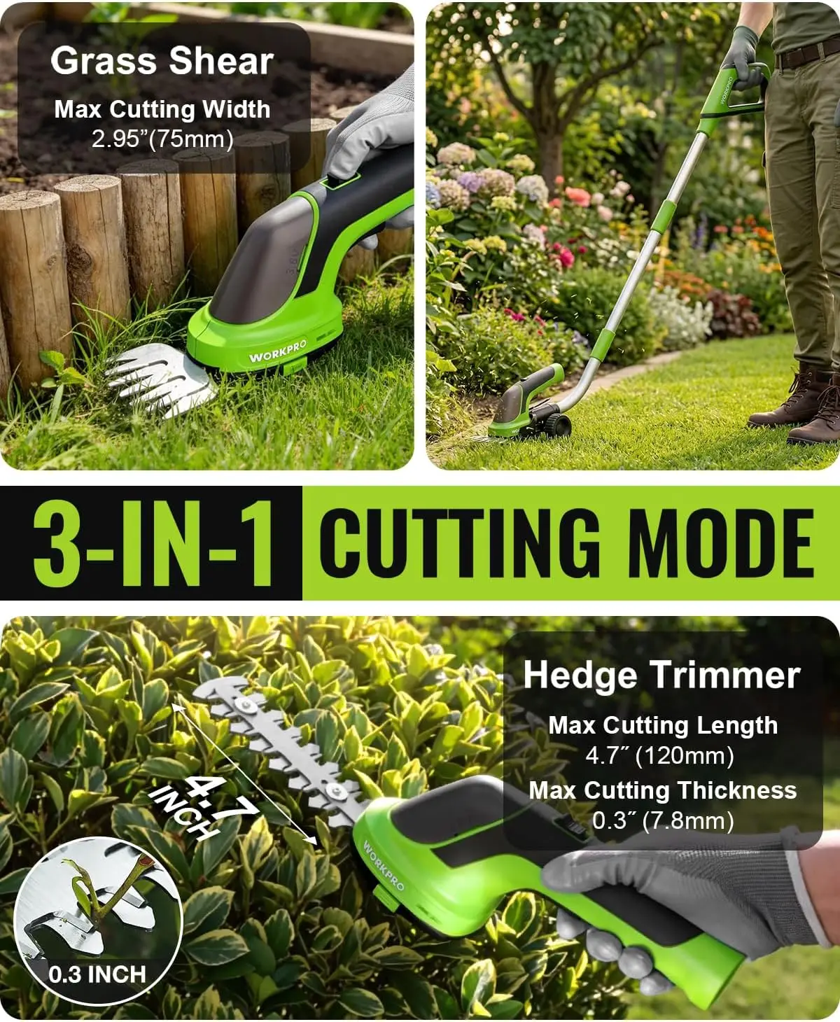 3-in-1 3.6V Cordless Hedge Trimmer with 37