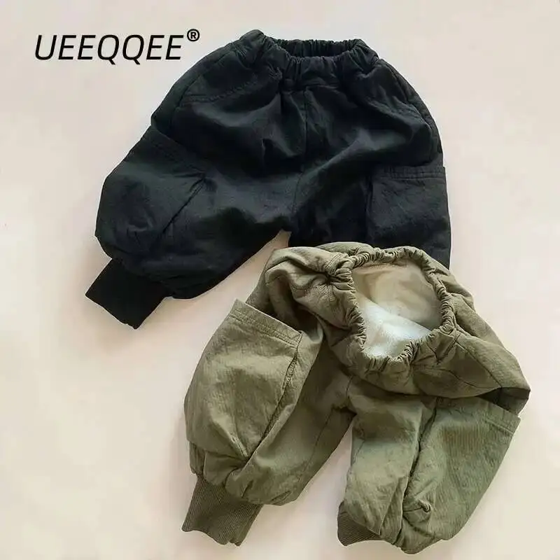 

Autumn Winter Children Pants 1-8Y Boys Thick Warm Fleece Loose Pocket Daily Cargo Trousers Korean Toddler Wear Kids Clothing New