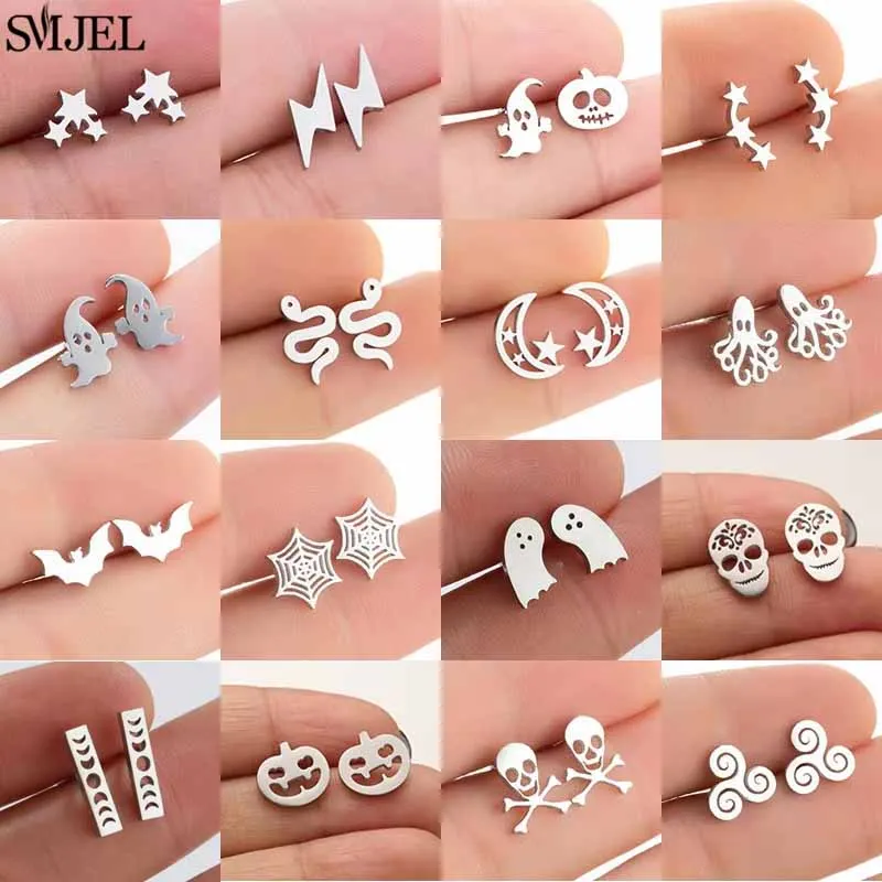 Multiple Stainless Steel Stud Earrings for Women Men Funny Ghost Earings Skull Pumpkin Bat Lightning Ear Hallowmas Jewelry Gift