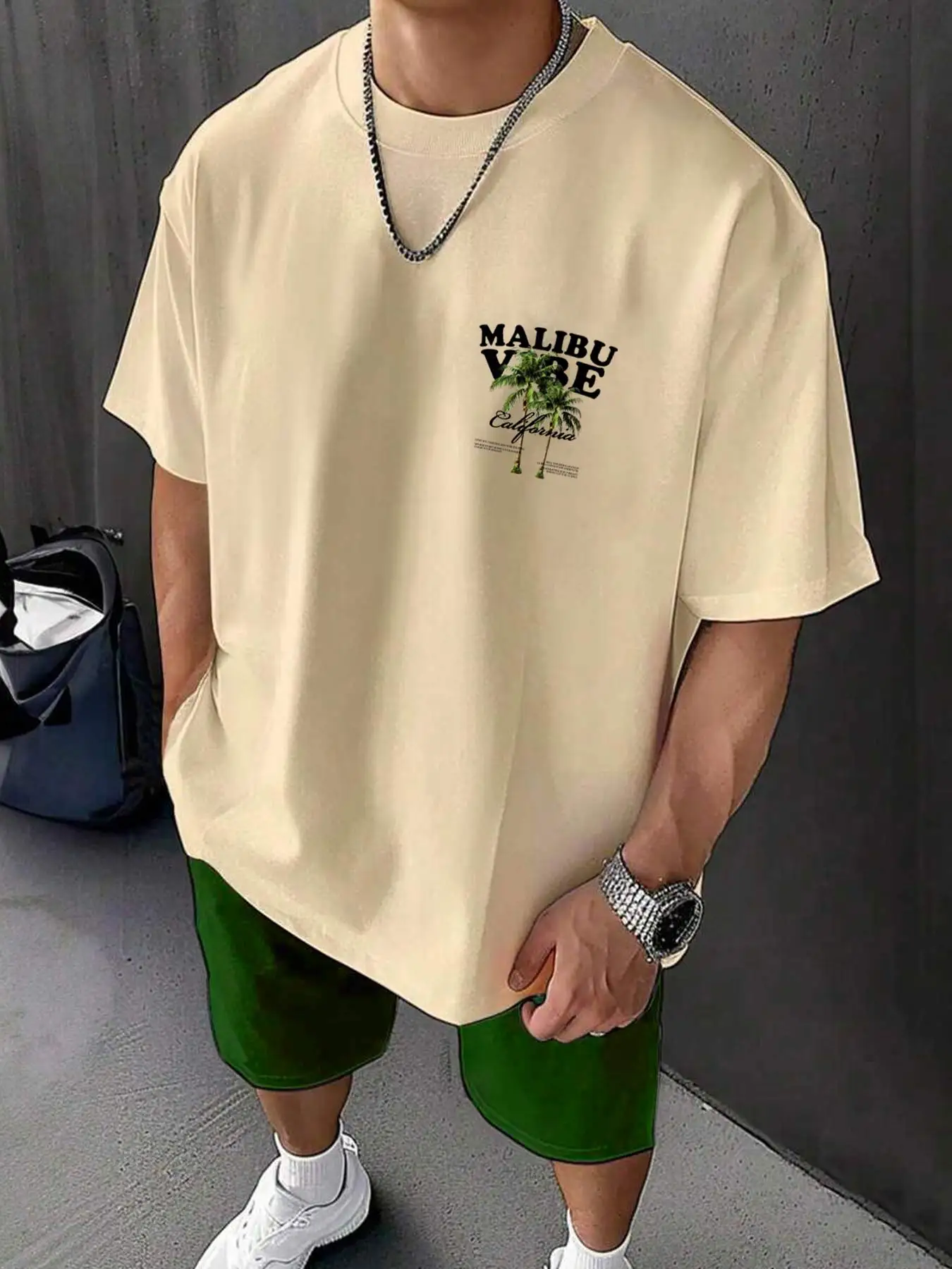 

Men's Summer Sports Set Hip Hop Trendy Streetwear Casual Breathable English Letters Palm Tree Print T Shirt Shorts Two Piece