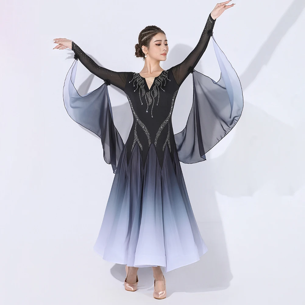 Spettacolo di costumi di scena Danza moderna da donna sfumata Nuovo abito da ballo standard Concorso a maniche lunghe Elegante nastro valzer