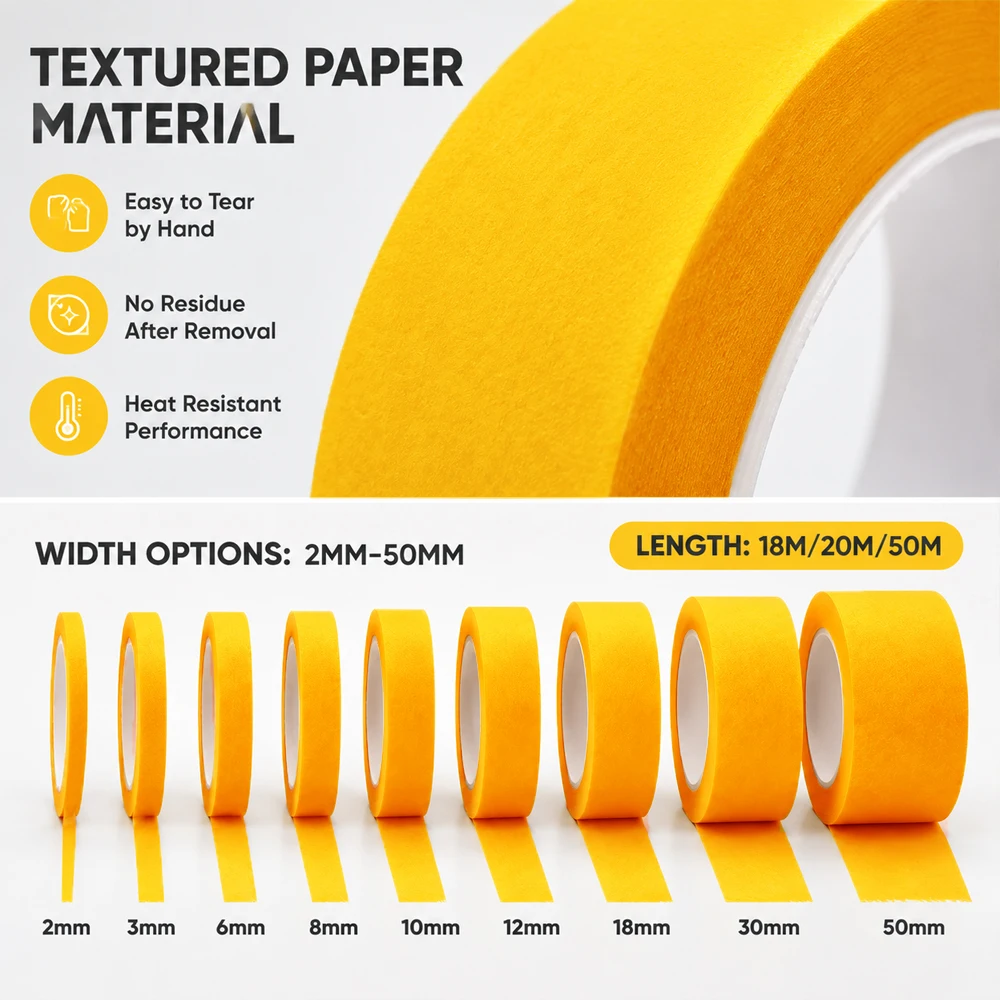 1-5Pcs Textured Paper Adhesive Tape Yellow, 50M/20M/18M Masking Tape for Car Paint Decoration,Seamless Hand Tear No Mark,18-50mm