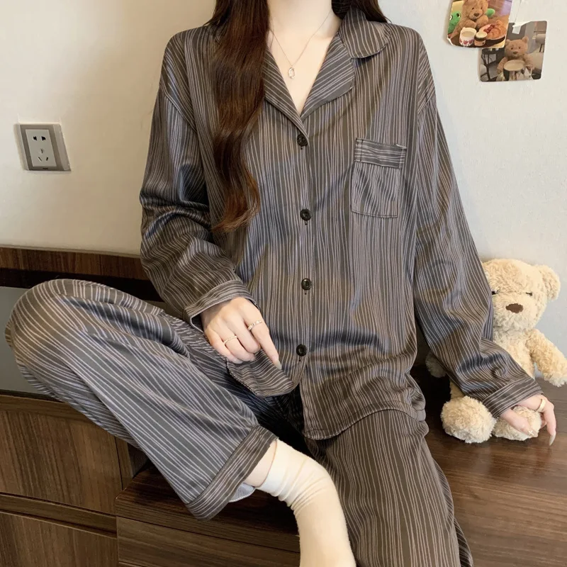 

Korean Style Women's Pajamas with Spring and Autumn Long Sleeves Long Pants Striped College Style Student Home Clothes Sleepwear