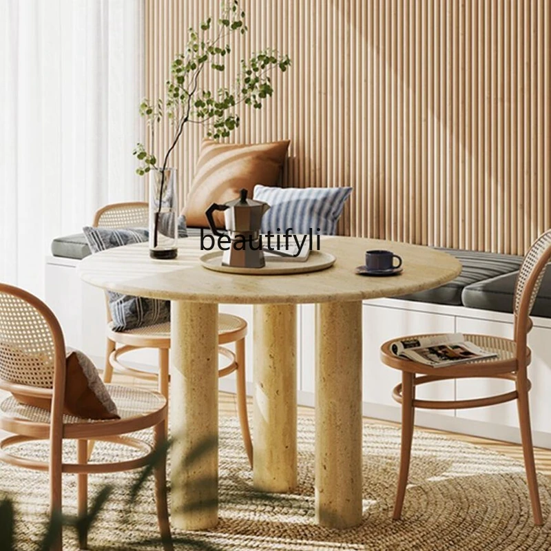 

Natural travertine round dining table medieval dining table marble designer light luxury dining table