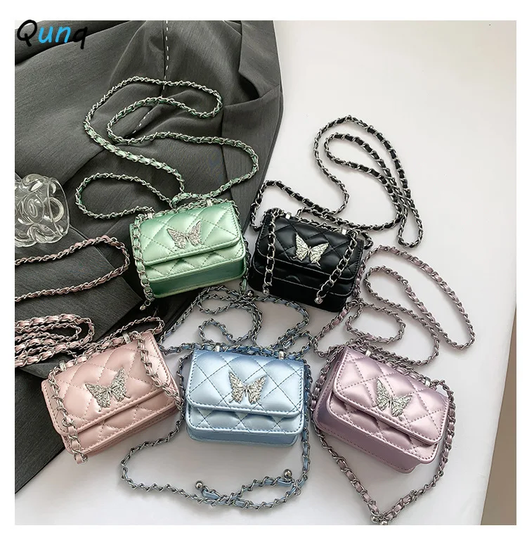 Qunq 2024 Silver Butterfly Mini Crossbody Bag Girls Diamond Chain Small Square Bag Trendy