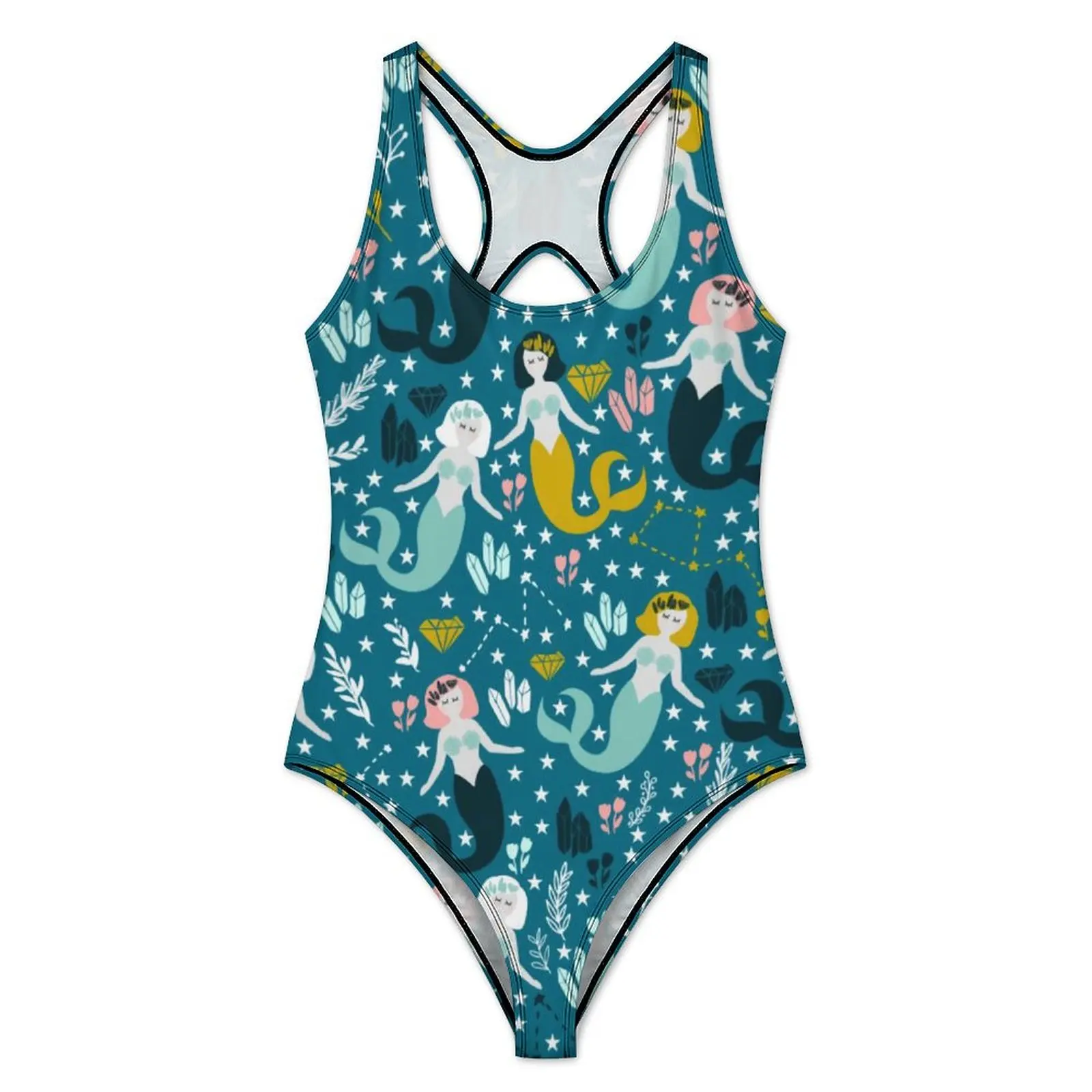 Cute Mermaid Swimsuit Sexy Stars And Floral Print One Piece Swimwear Push Up Bodysuit Fantasy Holiday Rave Bathing Suit