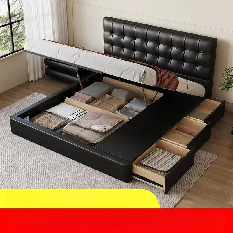 

Minimalist leather bed black waffle thin bedside flush edge modern simple high box storage