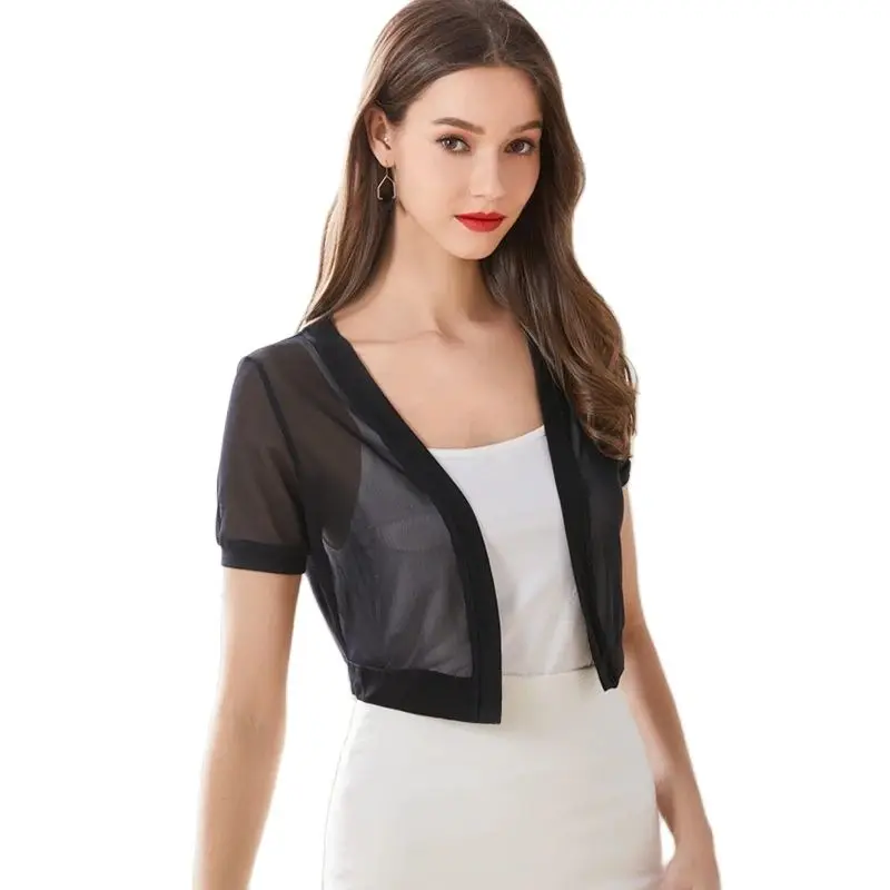 Short Sleeve Black White Prom Evening Dress Jacket Shrug Bolero Women Tulle Bridesmaid Wedding Jacket Cape Wedding Bridal Jacket