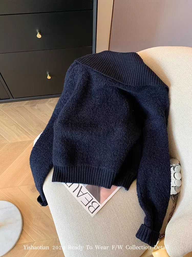 Suéter feminino de manga comprida com gola dourada y2k, suéter francês elegante e moderno retrô, roupas de outono e inverno