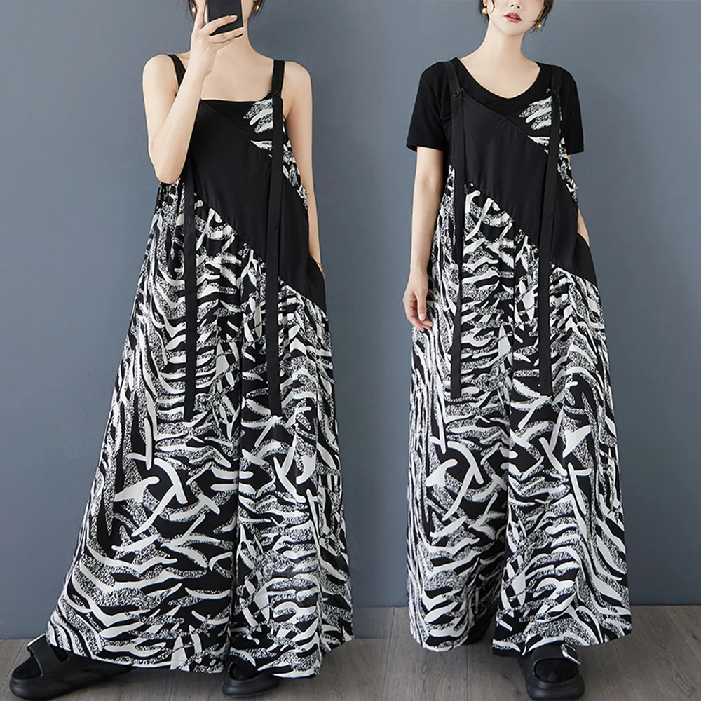 NYFS 2025 صيف جديد طباعة عموما فضفاض حجم كبير غير النظامية الربط النساء الحمالات بذلة بنطلون أنثى بنطال ذو قصة أرجل واسعة