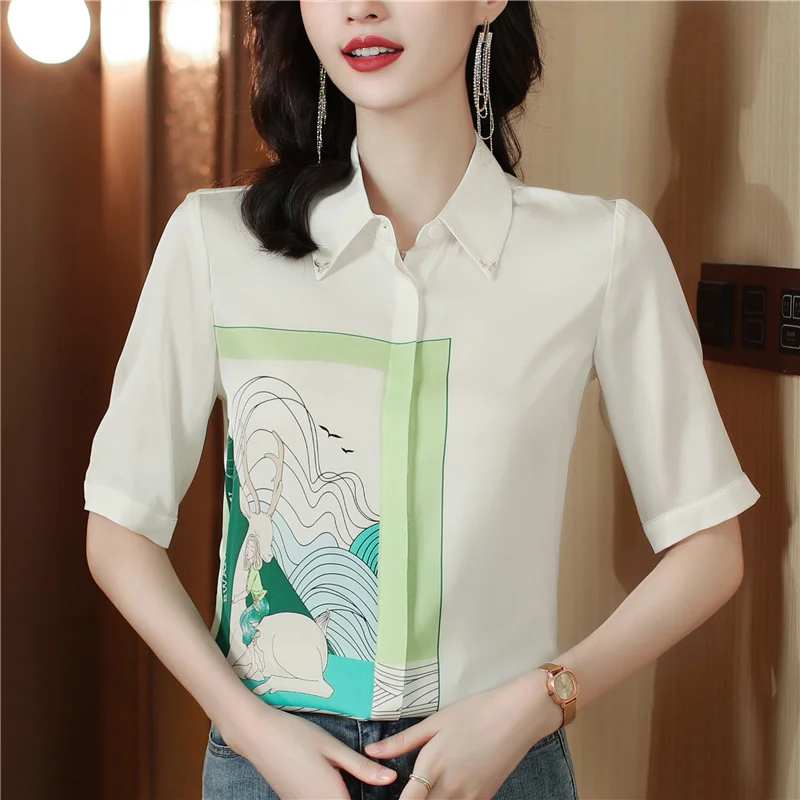 

Shirt for Women with Design Sense, Printed Mid-Sleeve Top, Textured Mulberry Blouse, Summer Slimming