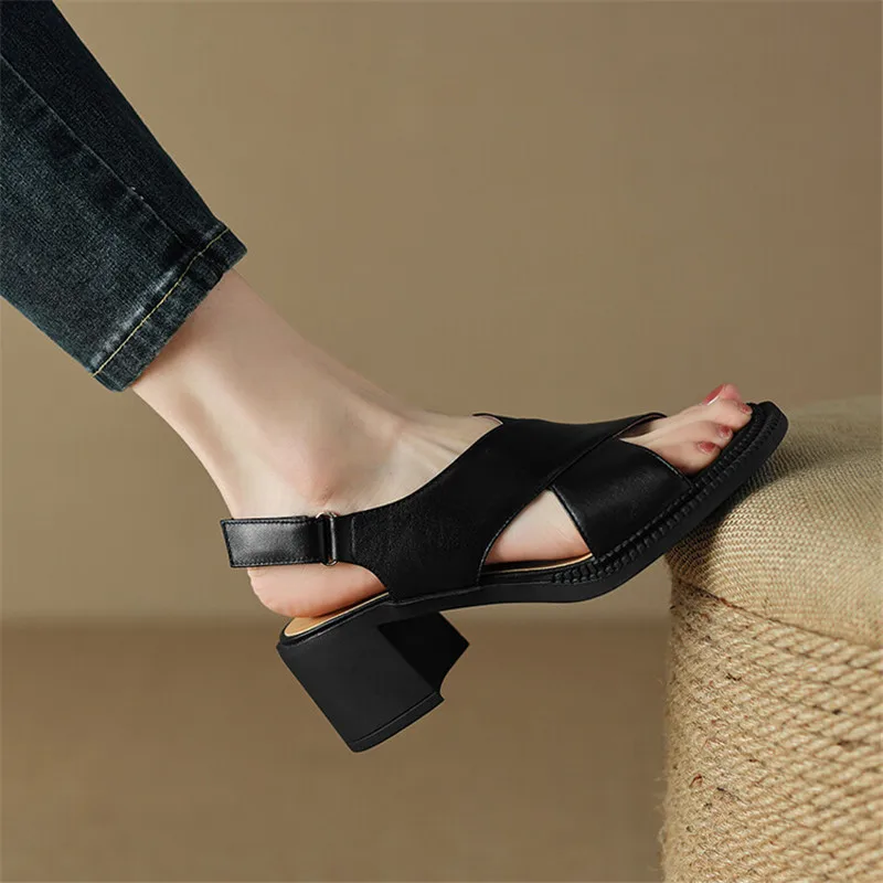 New Genuine Leather Summer Sandals 2023 Round Toe Chunky Heel Women Sandals Concise High Heels Handmade Shoes for Women