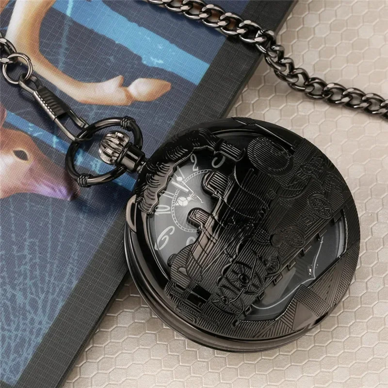 Unique Hollow Locomotive Train Case Playing Music City Sky Song Men Women Quartz Analog Pocket Watch FOB Pendant Chain Clock