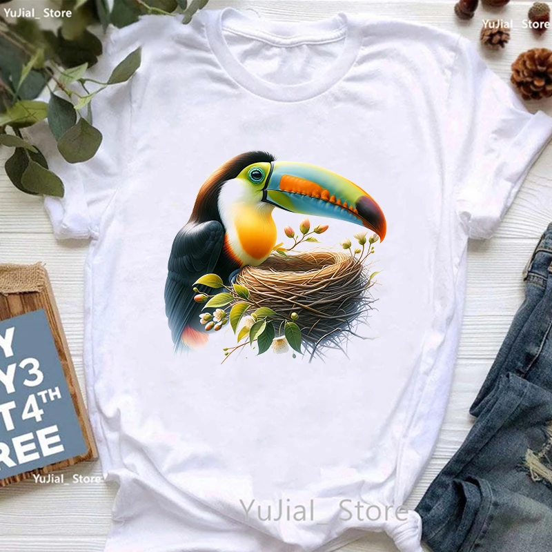 Watercolor Toucan Printed T Shirt Girls Kawaii Bird Tshirt Women Clothes 2024 Summer Tops Fashion Short Sleeve T-Shirt Female