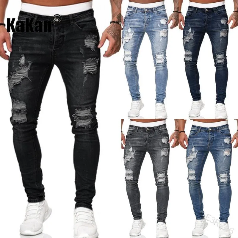 Kakan - New Men's Small Leg Pants with Perforated Jeans, Y2k Clothes Slimming Long Jeans Jeans Man Brand