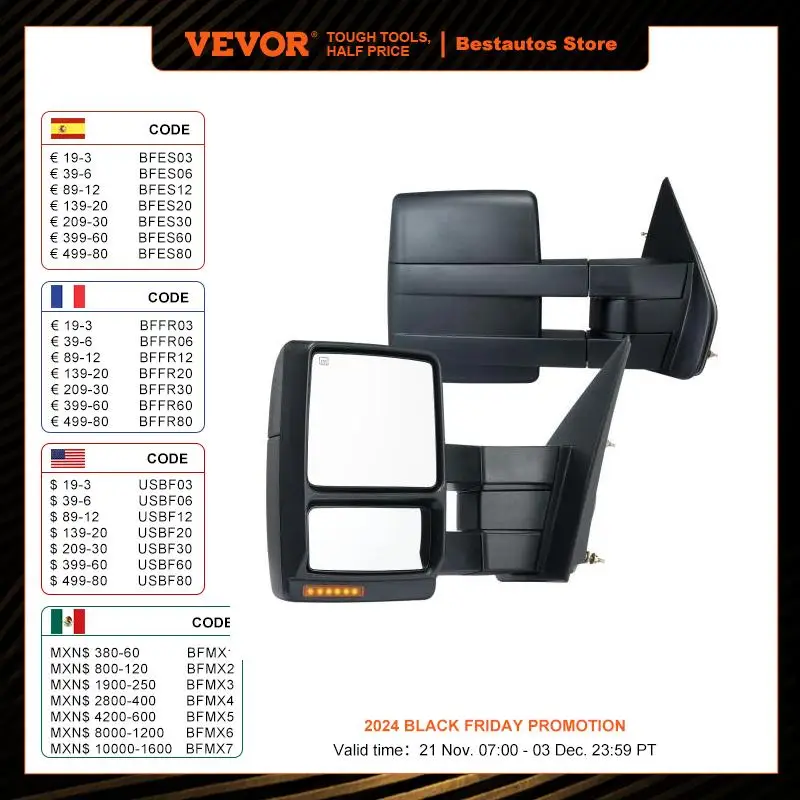 VEVOR Pair Towing Mirrors Power Heated Defrost with Signal Light Manual Controlling Folding for 2004-2014 Ford F150 Car Proudcts