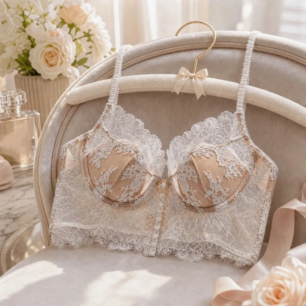 Flower Embroidery Lace Wireless Bra Anti-sagging Gathered Push Up Bra Beauty Back Mesh Flower Female Underwear Vintage Style