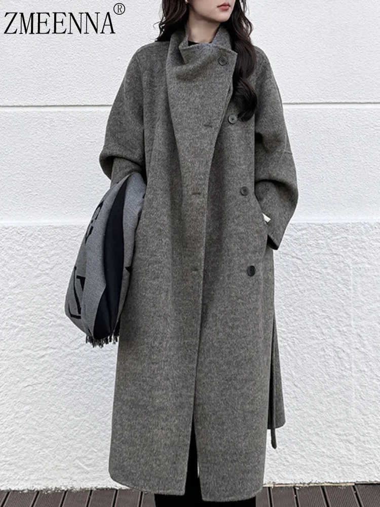 

ZMEENNA женское длинное шерстяное пальто с высоким воротом, теплая зимняя верхняя одежда, свободный крой большого размера, элегантный минималистичный стиль ZM4387