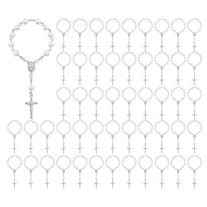 

Mini Acrylic Rosary Beads 50PCS Faux Pearl Baptism Gift With Organza Bags For Christening Weddings Party Favors