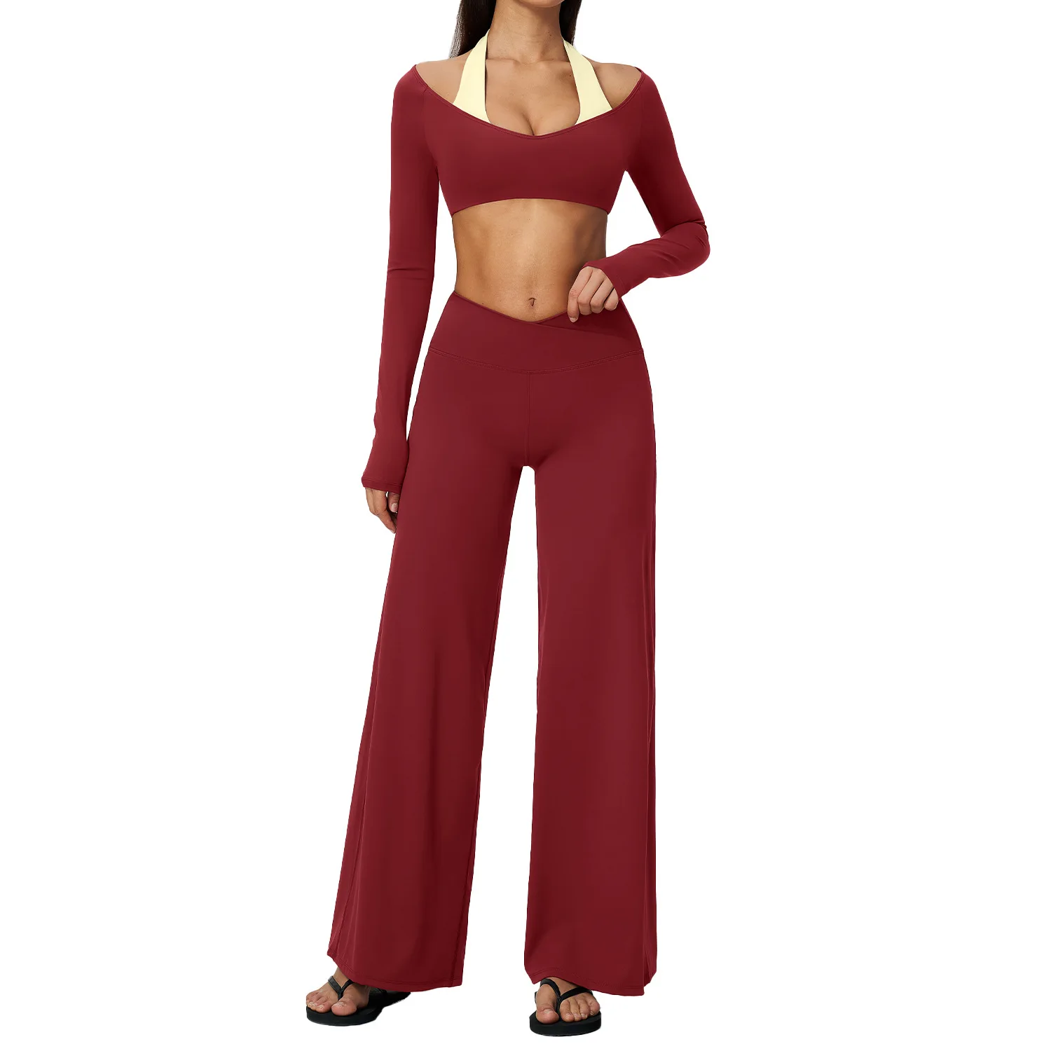 Yoga Outfit for Women Fake Two-piece Long Sleeve Halter Crop Top Built-in Pad Crossover High Waist Tights Stretchy Pilates Suit