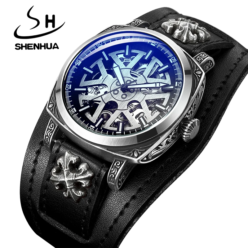 

SHENHUA Unique Steampunk Style Men Automatic Mechanical Watch Blue Face Glass Casual Sports Skeleton WristWatches for Men