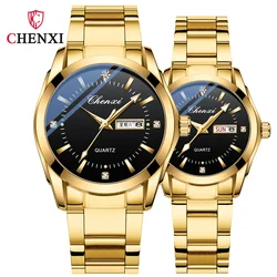 CHENXI 022G Couple Quartz Watch for Women Men Diamond Stainless Steel Date Lover Simple Leisure Fashion Gold Clock Wristwatch