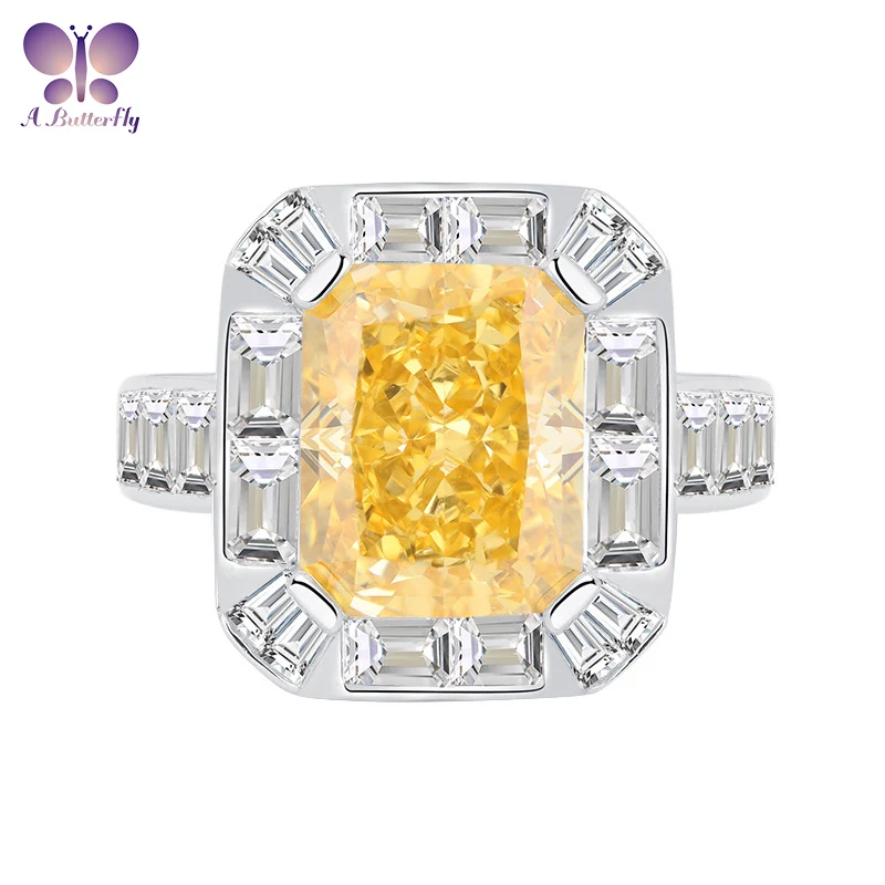 

AButterfly 925 Sterling Silver 5Ct Ice Cut High Carbon Simulated Yellow Diamond Women's Ring Colorful Gemstone Fine Jewelry