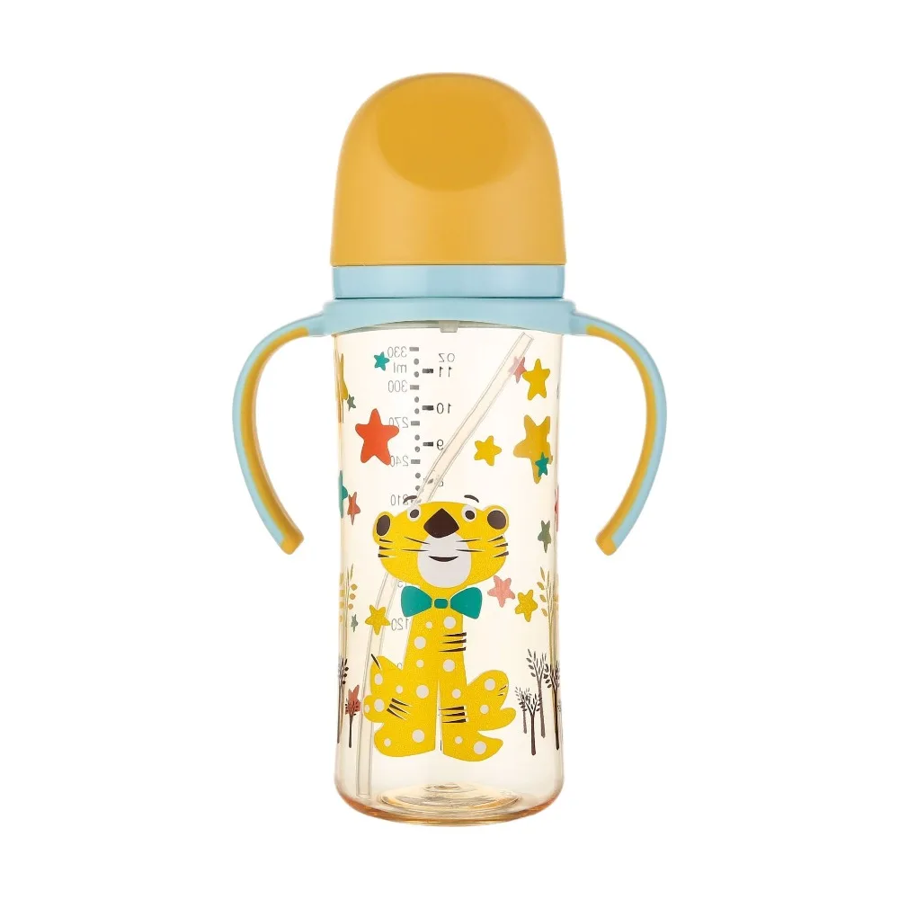 

Cute Cartoon Baby Milk Bottle with Handle Animal Pattern Baby Feeding Bottle 330ml Transparent Newborn Bottle Travel