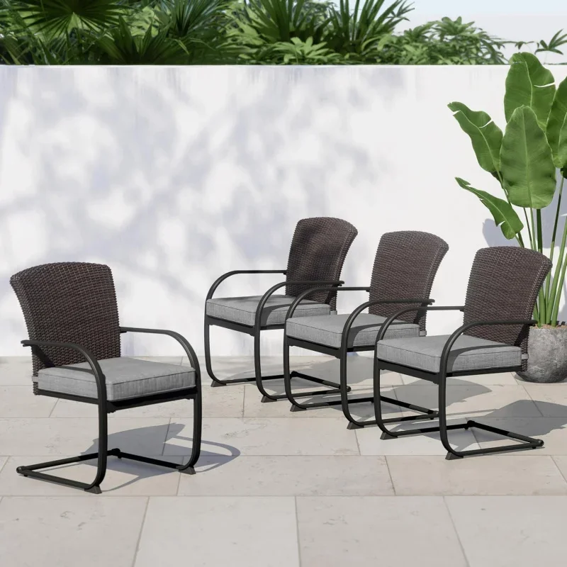 4 Pieces Outdoor Patio Metal Dining Chairs, C-Spring Motion Wicker Dining Chairs Set of 4 with Seat Cushions for Lawn Garden Bac