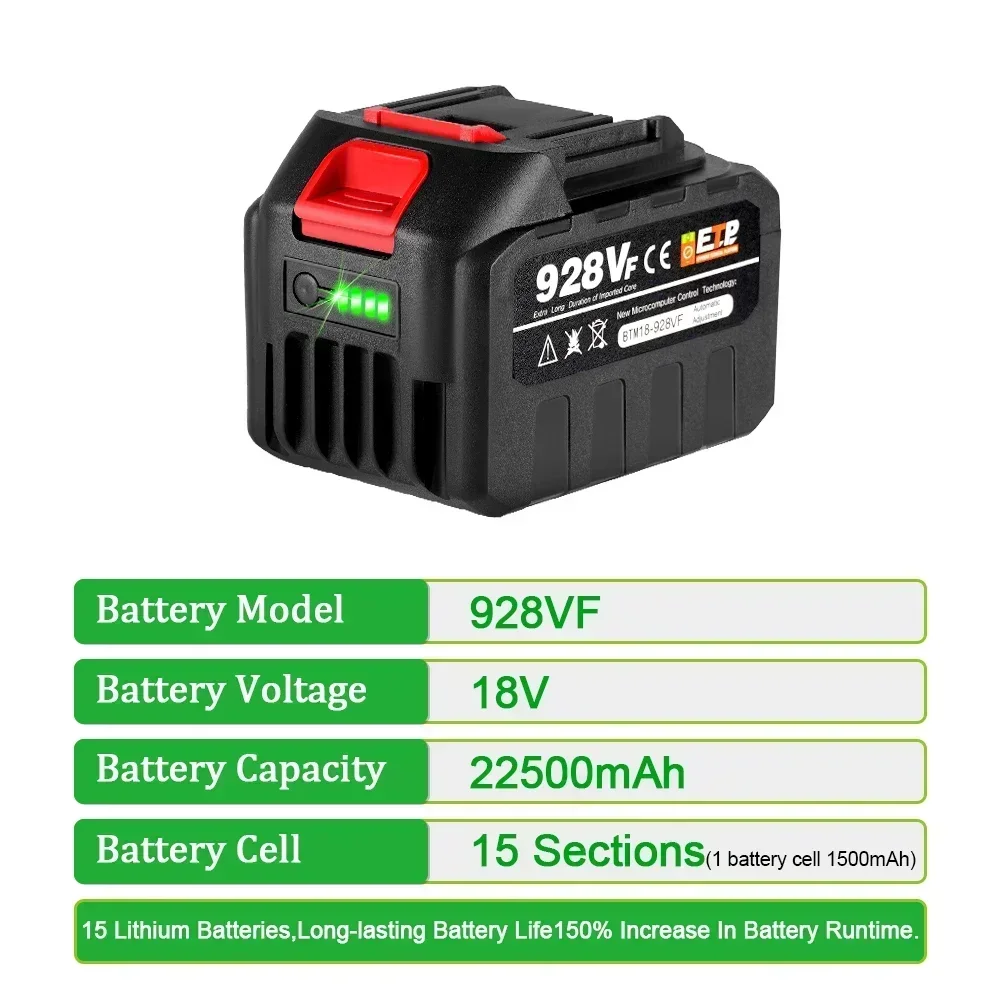 Baterai Lithium Ion isi ulang 18V 21V 22500mAh dengan indikator baterai untuk alat listrik Makita BL1830 BL1840 BL1850