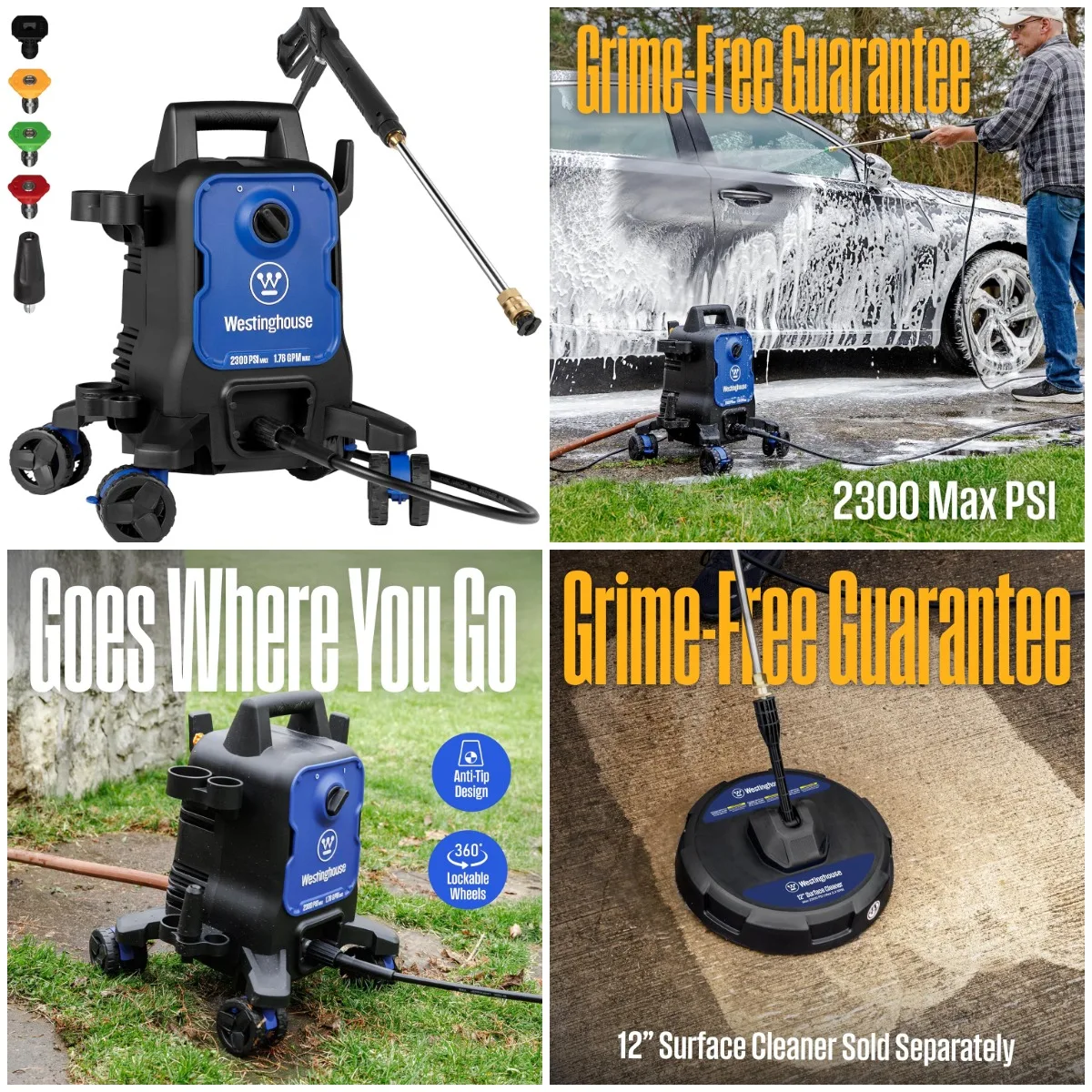 

ePX3100 Electric Pressure Washer, 2300 PSI, 1.76 GPM, Anti-Tipping, Soap Tank, Steel Wand, 5-Nozzle, for Cars, Fences, Driveways