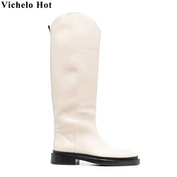 Vichelo Hot Plus Size 34-46 Cow Leather Chunky Med Heels Round Toe Riding Boots Winter Brand Shoes Casual Women Thigh High Boots