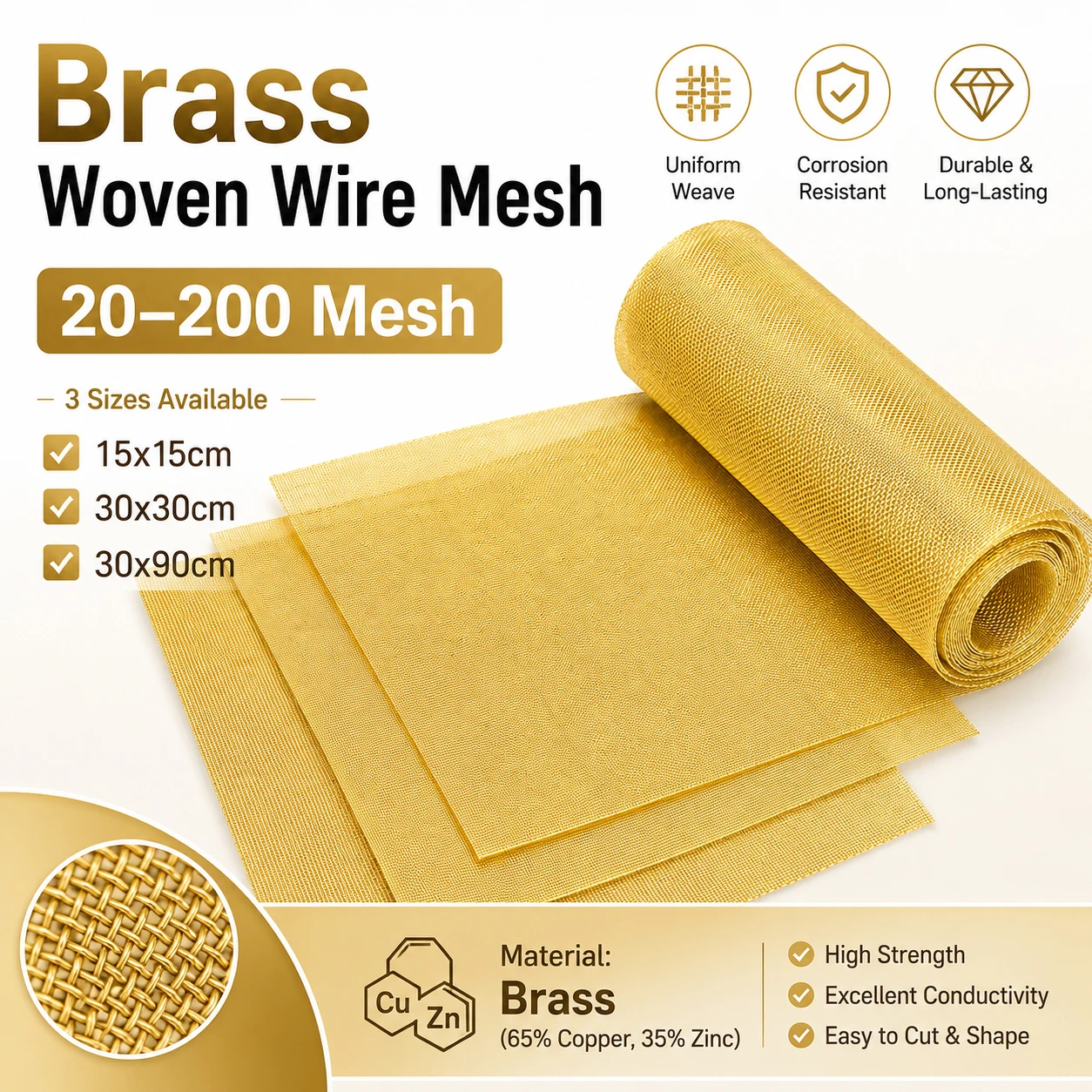 Copper Wire Roll - 1 ชิ้น ตาข่ายลวดทองเหลือง ขนาด 15x15/30x30/30x90 ซม.