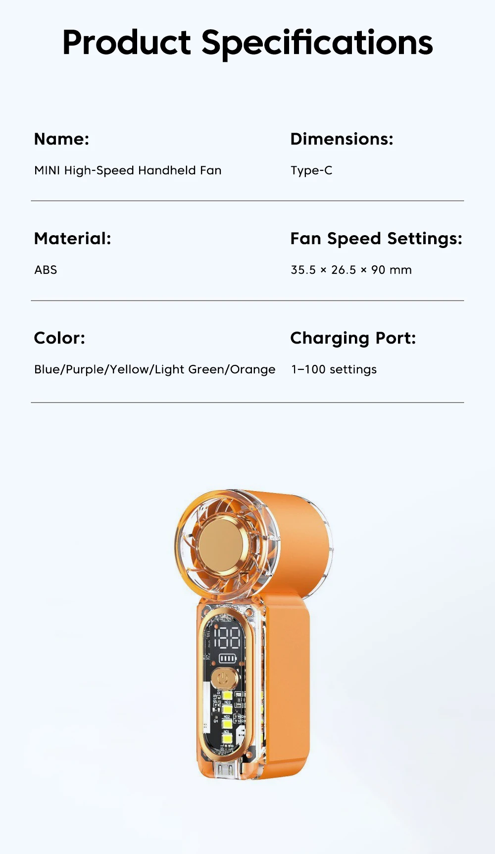 Mini-Hochgeschwindigkeits-Handventilator mit Licht, tragbarer Ventilator, praktischer Typ-C-Ladeanschluss, kleiner Ventilator, Taschenventilator, leichter Kühler – Detail 12