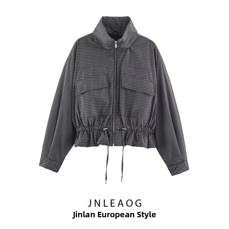 JNLEAOG Autumn New Women's Fashionable Plaid Cotton Jacket Outerwear Versatile Style Standard Fit Polyester Long Sleeve Coat