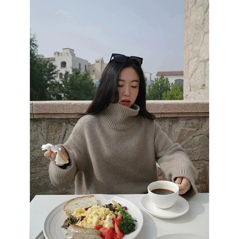 2023 autumn and winter new turtleneck 100% cashmere sweater women thickened loose pullover European knitted bottom sweater