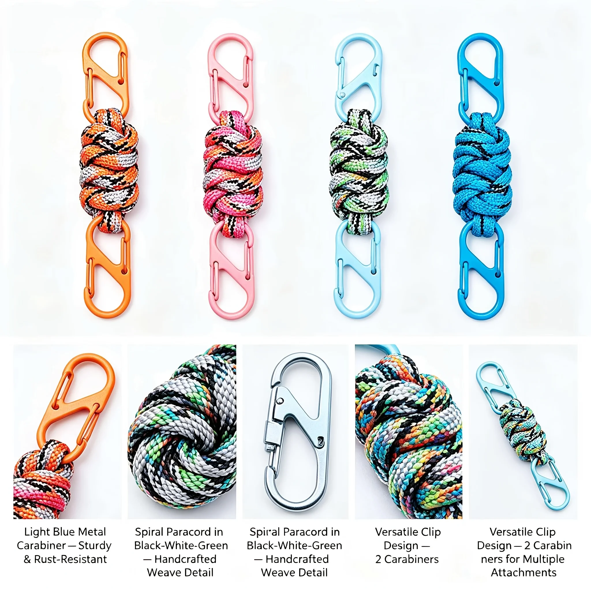 2pcs Hand Woven Paracord Lanyard Pendant Double Shaped Carabiner Multicolor Headphone Backpack Portable Accessor Outdoor Camping