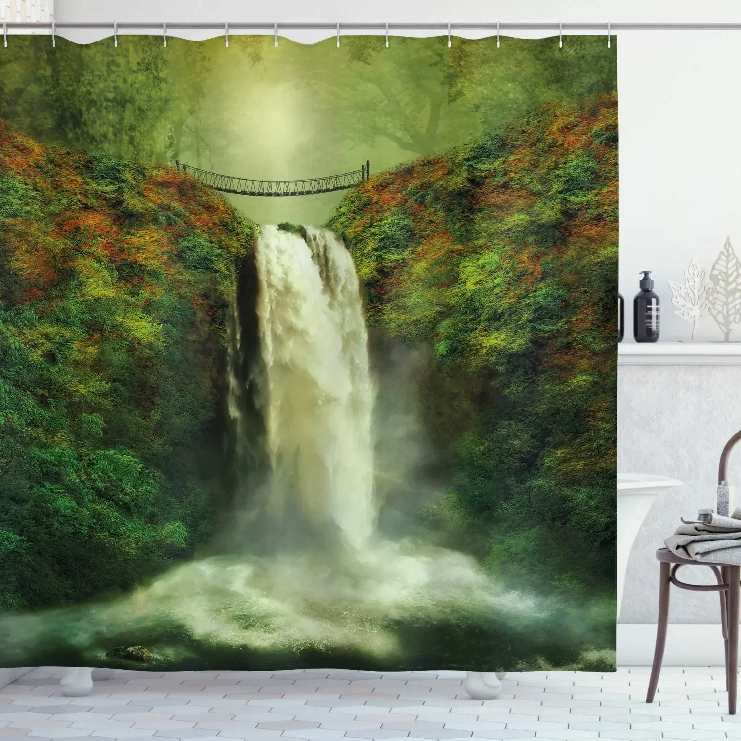 Nature Shower Curtain By Ho Me Lili Majestic Waterfall Flowing Rocks Old Bridge Forest Artwork Bathroom Decor Hunter Fern Green