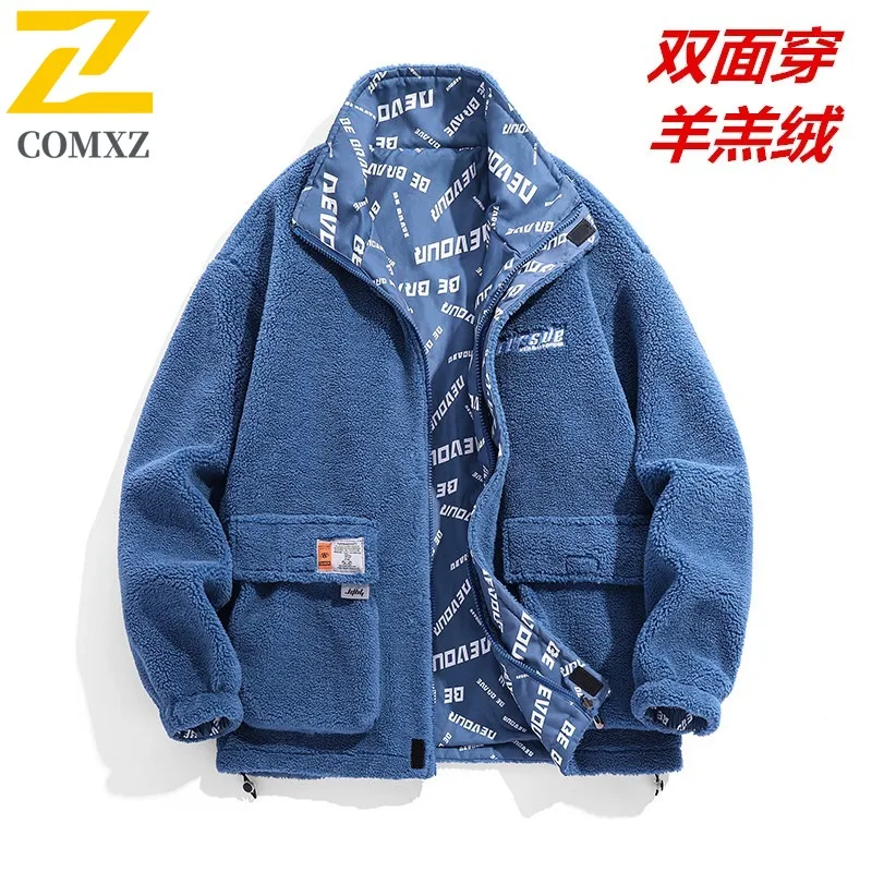 COMXZ Lamb Wool Fleece Jacket Winter Wear on Both Sides Cardigan Jackets Stand Collar Design Outdoor Travel Windproof Clothing