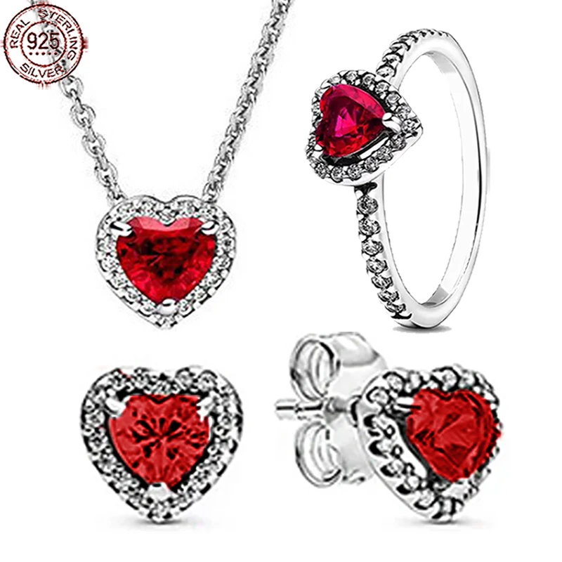 

925 Sterling Silver Classic Red Zircon Heart Ring Necklace Earring Set fit Original Design Fashion Jewelry birthday Gifts