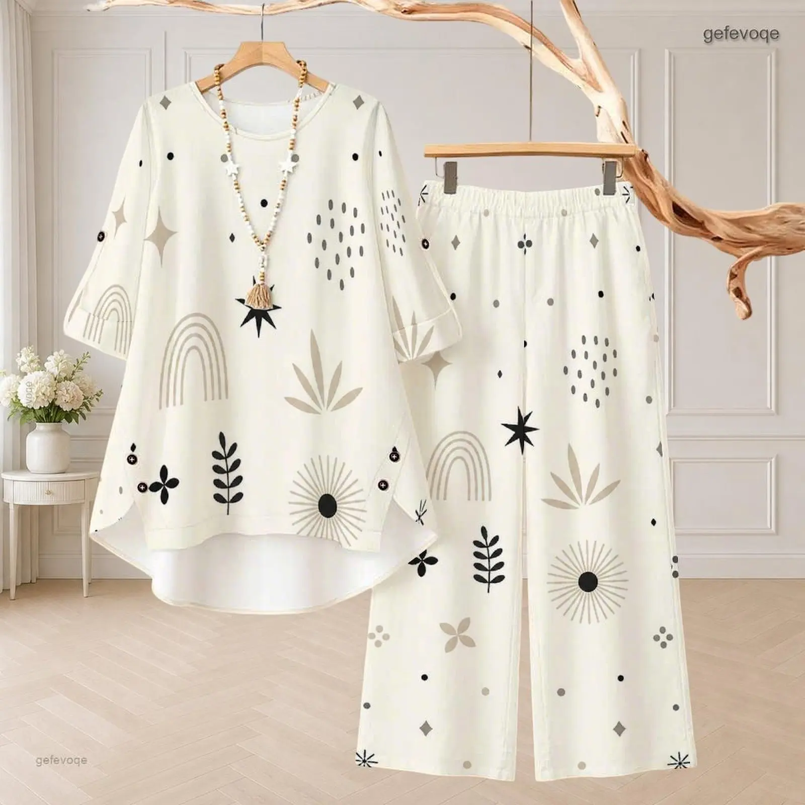 Women Abstract Geometric Printed Round Neck 3/4 Sleeve Top and Wide Leg Long Pants Two Piece Set