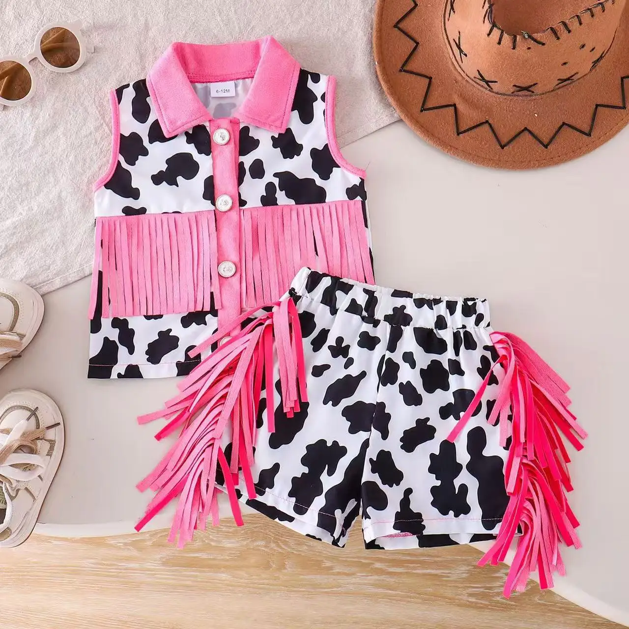 

Hot Selling Girls Summer 2 Piece Set Cow Print Sleeveless Collared Tank Top + Fringe Shorts Trendy Kids Outfits for 6M-4Y