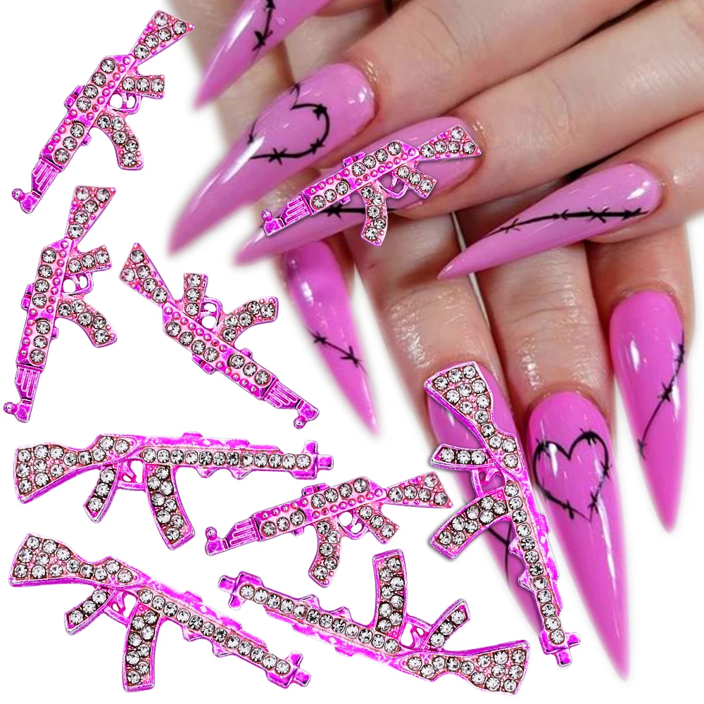 10 pz 3D Rosa Pistola Rossa con Strass Pendenti E Ciondoli Per Unghie 11*27mm Rosa Punk Metallo Lunga Pistola In Lega di Gioielli Per Unghie Y2k Decorazioni per Manicure # -
