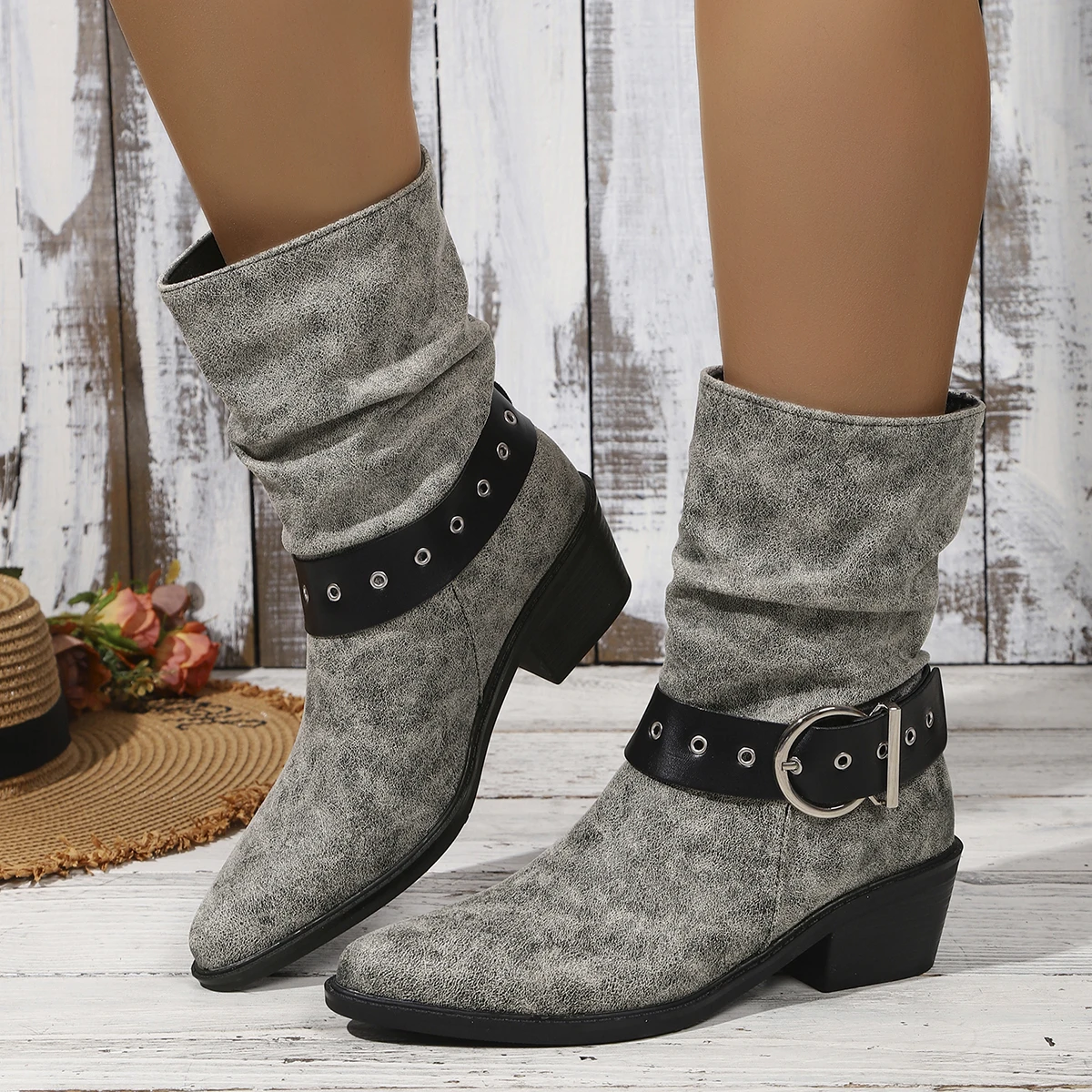 Retro Ankle Boots 2026 New Summer Style, Chunky Heels, Ruffled Pile, Pointed Toe, Slimming Knight Boot Style